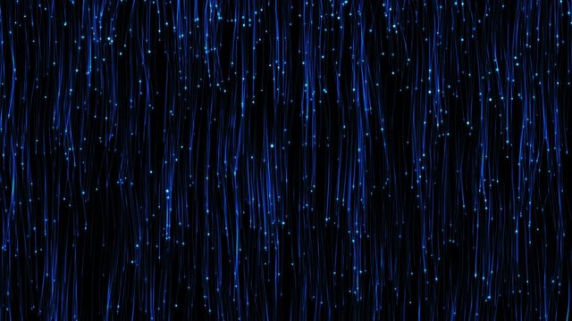 4K Animation of falling bright particles. Particle rain. Flying lights. Shimmering glitters. Festive motion Blue background. 