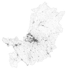 Satellite map of province of Florence, Firenze, towns and roads, buildings and connecting roads of surrounding areas. Tuscany, Italy. Map roads, ring roads