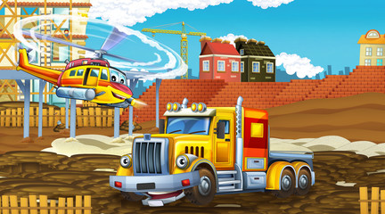 Obraz na płótnie Canvas cartoon scene with industry cars on construction site and flying helicopter - illustration for children