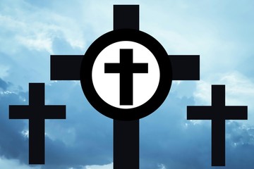 Christian medieval cross symbol with Celestica cross symbol and  cloud sky background.