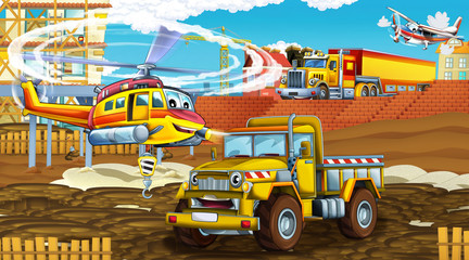 cartoon scene with industry cars on construction site and flying helicopter - illustration for children