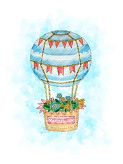 Fototapeten Balloon with a basket of flowers and inscription love, watercolor illustration for greeting card © Daria Korolova