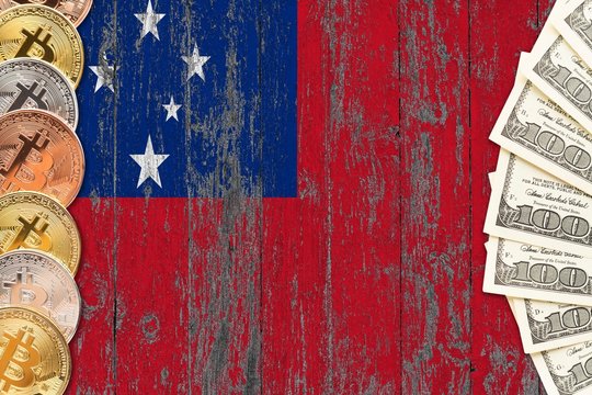 Samoa savings concept. Bitcoins and dollar banknotes on the side of national flag with wooden background. Trading currencies.