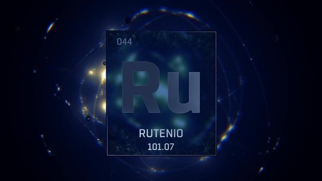 Ruthenium as Element 44 of the Periodic Table. Seamlessly looping 3D animation on blue illuminated atom design background with orbiting electrons. Name, atomic weight, element number in Spanish langua