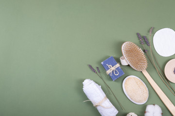 Natural, healthy and zero waste bathroom or spa objects with lavender.