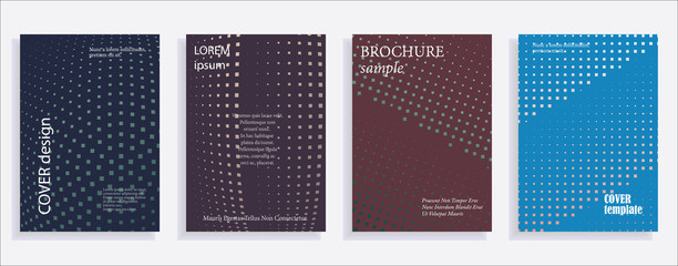 Minimalistic cover design templates. Set layouts of books covers, albums, notebooks, reports, magazines. Square, dot halftone gradient effect, flat modern abstract design geometric mock-up texture