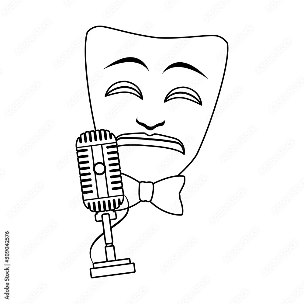 Poster theater mask and microphone icon, flat design