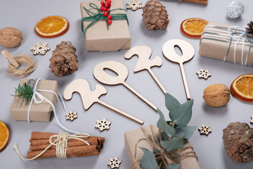 Beautiful, natural and zero waste New Year composition of decoration objects.