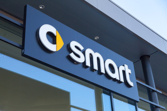 FUERTH / GERMANY - FEBRUARY 25, 2018: smart logo on a car dealer building. Smart is a German automotive marque and division of Daimler AG, based in Böblingen, Germany.