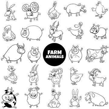 cartoon farm animal characters black and white set