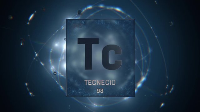 Technetium as Element 43 of the Periodic Table. Seamlessly looping 3D animation on blue illuminated atom design background with orbiting electrons. Name, atomic weight, element number in Spanish langu