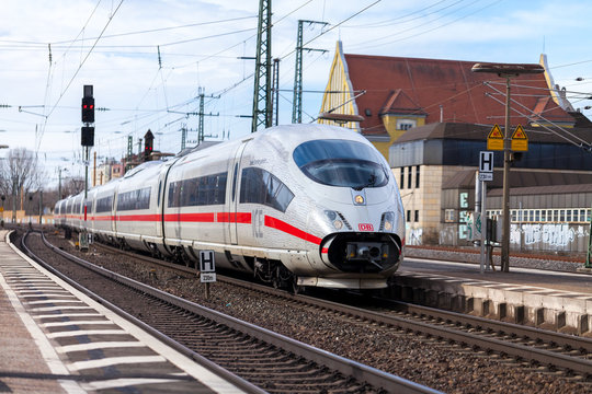 FUERTH / GERMANY - MARCH 11, 2018: ICE 3, intercity-Express train from Deutsche Bahn passes train station fuerth in germany.