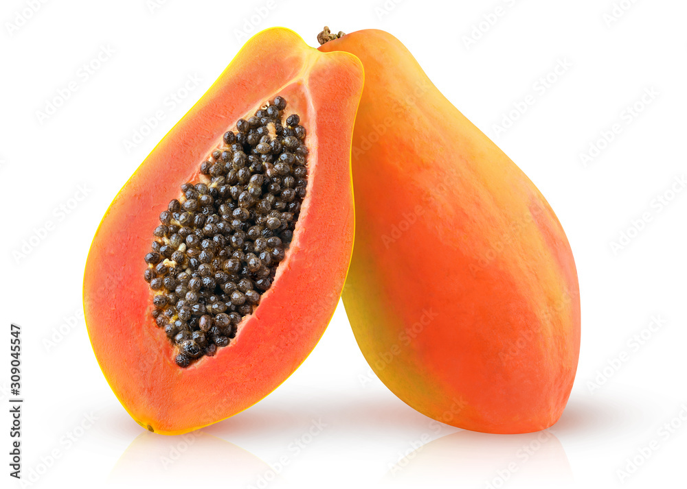Aufkleber isolated papaya. two halves of papaya fruit with seeds isolated on white background with clipping pa