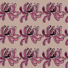 pink chrysanthemum in chinese ink style on beige background seamless pattern