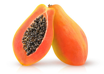 Isolated papaya. Two halves of papaya fruit with seeds isolated on white background with clipping path
