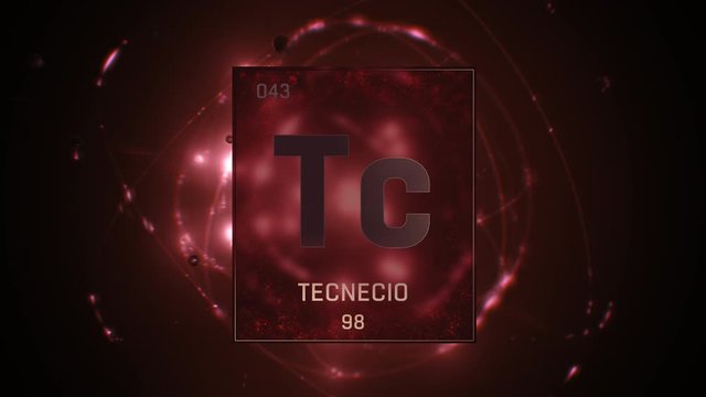 Technetium as Element 43 of the Periodic Table. Seamlessly looping 3D animation on red illuminated atom design background with orbiting electrons. Name, atomic weight, element number in Spanish langua