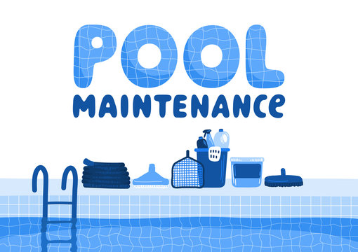 Pool maintenance accessories. Swimming pool with lettering on white background.