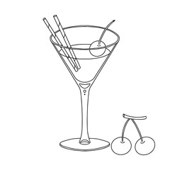 Black and white vector illustration. Cocktail in a glass on a thin leg with cherries. Alcoholic drink. Illustration for menu design