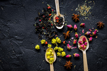Herbs and spoons black background mock up top view
