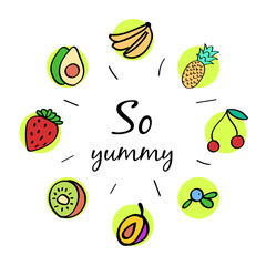 So yummy. Set of hand drawn fruit icon. vector