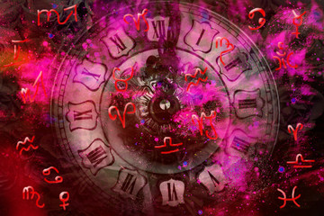 Astrological symbols and zodiac signs on a red space background
