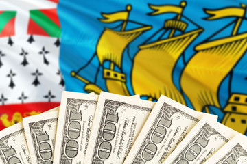 Saint Pierre And Miquelon economy concept. Dollar banknotes on the side of national flag with waving background. Financial theme.