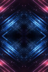 Neon lights background. Abstract background, neon lines. Dark empty scene, neon. Abstract futuristic neon background. Searchlight light, wet asphalt, smoke, night view, rays.