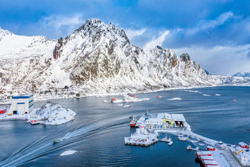Svolvaer, famous city on Lofoten islands in Arctic Norway. View from flying drone.