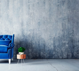 Interior mock up design with velvet blue armchair and decoration 3D Rendering