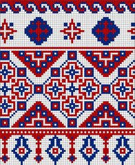 Vector drawing - traditional repeating Slavic mosaic pattern of red, blue and white colors.