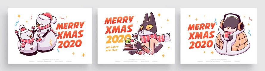 New Year 2020 And Christmas Greeting Card collection. Cute holiday themed Characters and situations