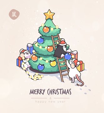 Christmas card with cute cartoon mice in vector. Funny and happy new year of mouse or rat. Chinese symbol 2020 new year.
