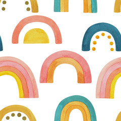 Seamless pattern rainbows on isolated white background, watercolor hand drawing. Stock illustration. Fabric wallpaper print texture.