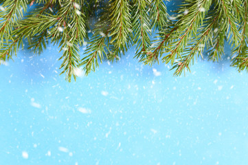 Fototapeta na wymiar christmas tree branches frame on a white background. falling snow. space for text