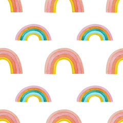 Seamless pattern rainbows on isolated white background, watercolor hand drawing. Stock illustration. Fabric wallpaper print texture.