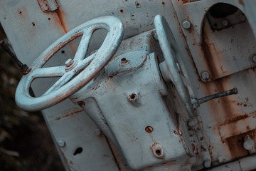 Rusted old hand cranks used for moving world war two anti air turret, used for horizontal and...