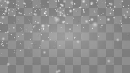 Snow falling on transparent. Realistic snowfall overlay background. 16x9 Stock vector illustration