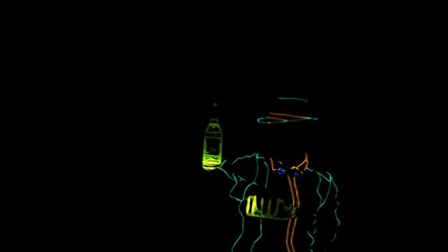 Barmen show. Anime. Animation. Performance. Barman, dressed in neon uniform is making tricks, on black background. Slow motion. 4K.