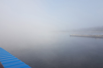 Russia. Volga river. Misty morning on the Volga river. Ahead of the ship, nothing is visible