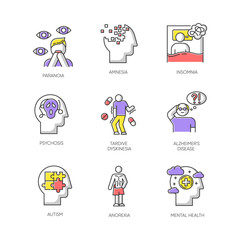 Mental disorder color icons set. Paranoia, psychosis. Amnesia, insomnia. Tardive dyskinesia. Alzheimer disease. Autism. Anorexia. Anxiety and depression. Health issue. Isolated vector illustrations
