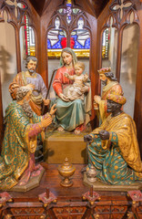 BANSKA STIAVNICA, SLOVAKIA - FEBRUARY 5, 2015: The Three Magi carved and polychrome sculpture...