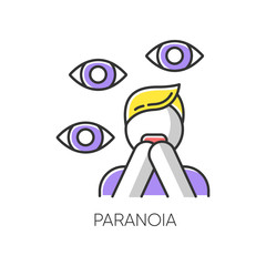 Paranoia color icon. Panic attack. Scared person. Fear and phobia. Terrified man. Conspiracy and distrust. Stress and anxiety. Delusion and irrationality. Mental disorder. Isolated vector illustration