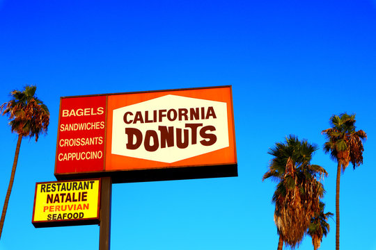 Los Angeles, California – October 9, 2019: CALIFORNIA DONUTS Sign on Hollywood Boulevard, Los Angeles