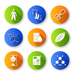 Science development flat design long shadow glyph icons set. Biotechnologies equipment. Experiment methodology. Changing nature. Organic chemistry research. Vector silhouette illustration