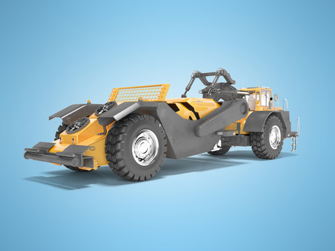 Land transport machine scraper 3D rendering on blue background with shadow