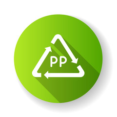 PP symbol green flat design long shadow glyph icon. Thermoplastic polymer marking. Resin identification code. Arrow triangle marking. Organic chemistry. Vector silhouette illustration