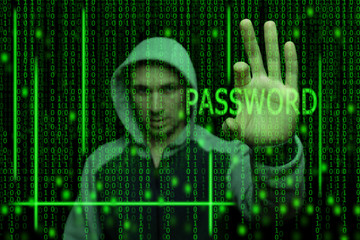 Hacker cybercriminal breaks the digital password on the Internet.
