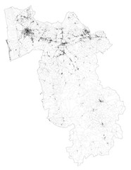 Satellite map of province of Pisa, towns and roads, buildings and connecting roads of surrounding areas. Tuscany, Italy. Map roads, ring roads