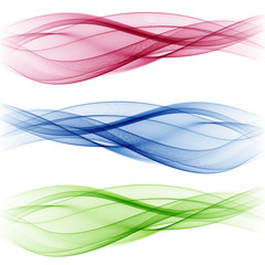 Set of abstract color wave smoke transparent blue pink green wavy design Vector