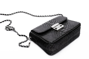 Fashion luxury snakeskin python handbag isolated on a white background.